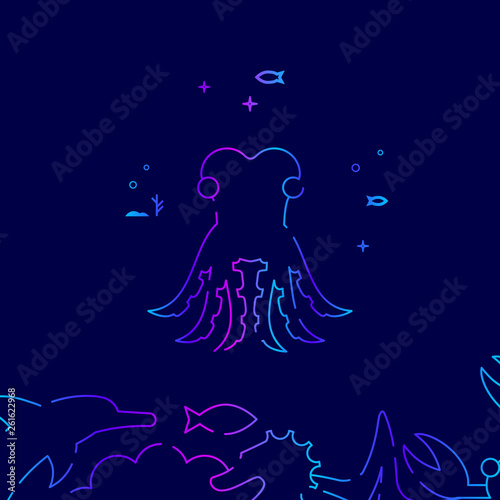 Octopus Vector Line Icon, Illustration on a Dark Blue Background. Related Bottom Border
