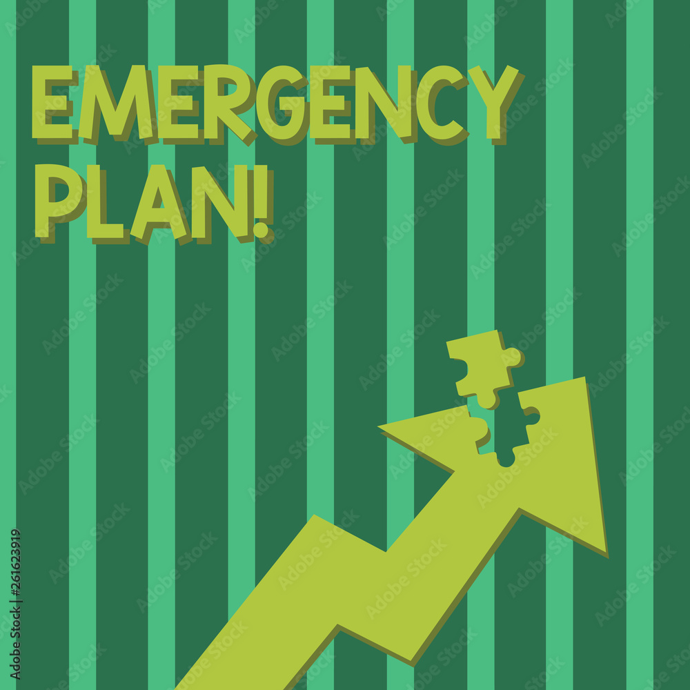 Conceptual hand writing showing Emergency Plan. Concept meaning actions developed to mitigate damage of potential events Arrow Pointing Up with Detached Part Jigsaw Puzzle Piece