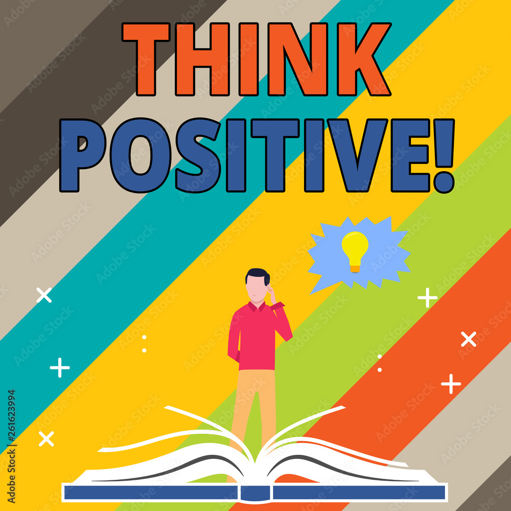 Word writing text Think Positive. Business photo showcasing mental attitude in wich you expect good and favorable results Man Standing Behind Open Book, Hand on Head, Jagged Speech Bubble with Bulb Word writing text Think Positive. Business photo showcasing mental attitude in wich you expect good and favorable results Man Standing Behind Open Book, Hand on Head, Jagged Speech Bubble with Bulb