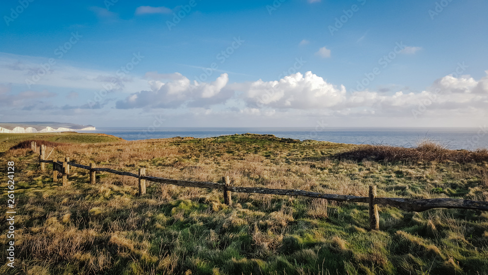 Landscape view from top of the cliff. Seven sisters cliffs on background. England