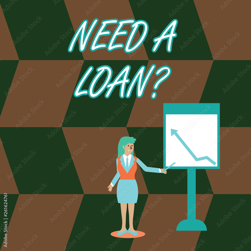 Word writing text Need A Loan question. Business photo showcasing amount of money that is borrowed often from bank Businesswoman Holding Stick Pointing to Chart of Arrow Upward on Whiteboard Word writing text Need A Loan question. Business photo showcasing amount of money that is borrowed often from bank Businesswoman Holding Stick Pointing to Chart of Arrow Upward on Whiteboard