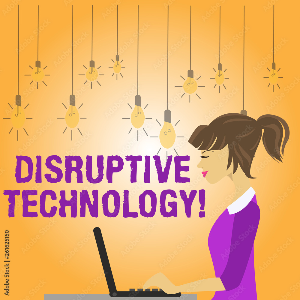 Writing note showing Disruptive Technology. Business concept for one that displaces an established technology photo of Young Busy Woman Sitting Side View and Working on her Laptop Writing note showing Disruptive Technology. Business concept for one that displaces an established technology photo of Young Busy Woman Sitting Side View and Working on her Laptop
