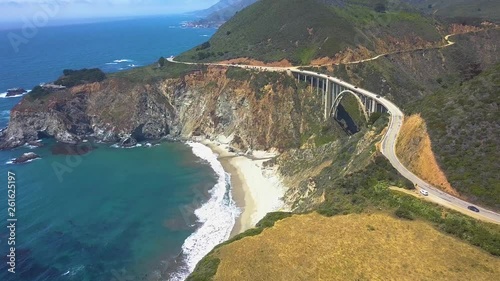 Aerial over Bixby Creek Bridge on Highway 1 - Big Sur, California, USA [4k]