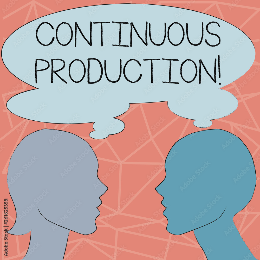 Conceptual hand writing showing Continuous Production. Concept meaning Manufacture or produce materials without interruption Silhouette Sideview Profile of Man and Woman Thought Bubble
