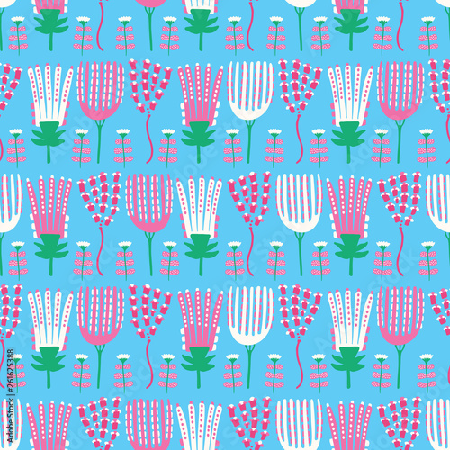  Bright flower bloom seamless pattern. Styliszed retro floral all over print. Pretty modern feminine fashion style. Trendy Scrapbooking paper, wallpaper, garden stationery backdrop.