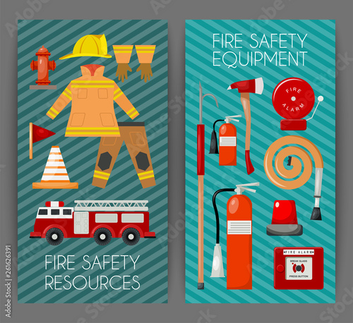 Fire safety set of banners vector illustration. Firefighter uniform and inventory. Equipment as firehose hydrant, alarm, bollard and extinguisher station.