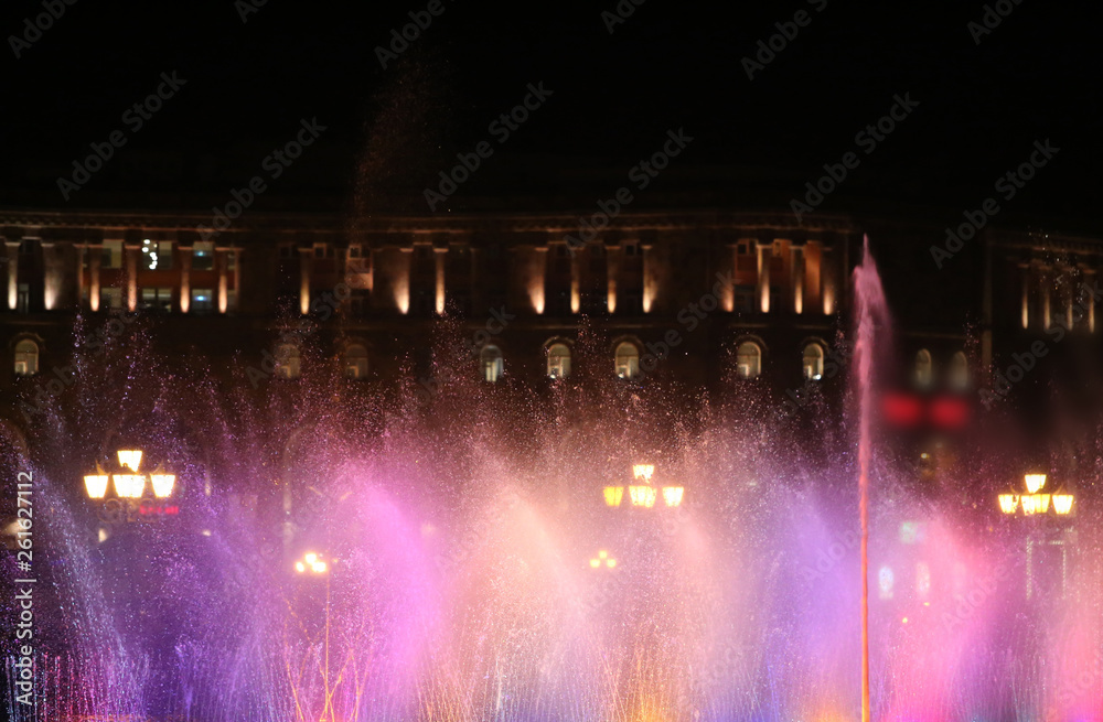 Multi-colored musical fountain in Yerevan, Armenia, photographed