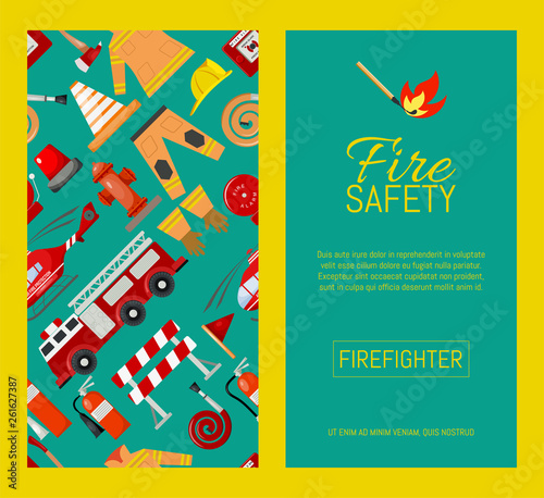 Fire safety set of banners vector illustration. Firefighter uniform and inventory. Equipment as firehose hydrant, alarm, bollard and extinguisher station.