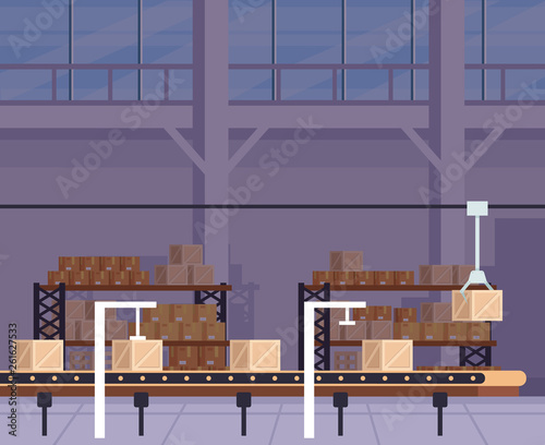 Big warehouse stock room with lot of boxes and robot machine. Delivery logistic shipment concept. Vector flat cartoon graphic design illustration