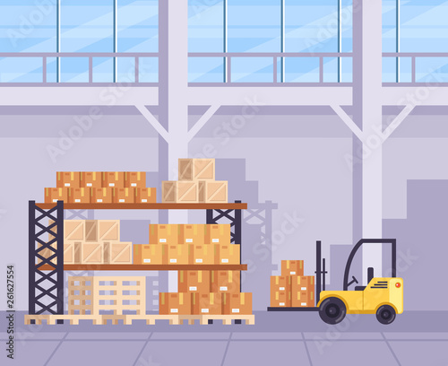Big warehouse stock room with lot of boxes. Delivery logistic shipment concept. Vector flat cartoon graphic design illustration