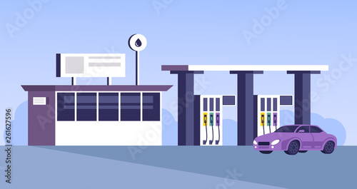 Gas station building with car parking. Vector flat cartoon graphic design illustration