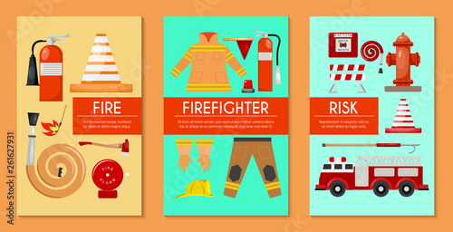 Fire safety set of cards, banners vector illustration. Firefighter uniform and inventory. Equipment as firehose hydrant, alarm, bollard and extinguisher station.