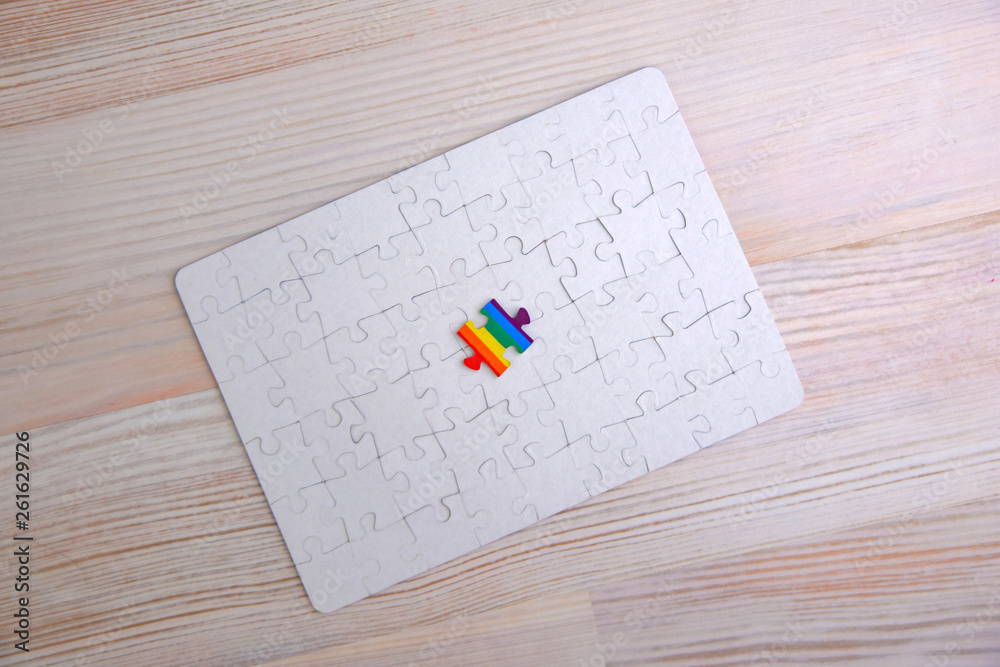 Place of LGBT people in the public structure: puzzle with the coloring of the rainbow flag against a white mosaic, top view Place of LGBT people in the public structure: puzzle with the coloring of the rainbow flag against a white mosaic, top view