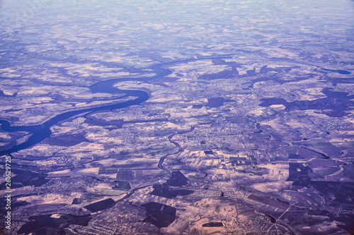 aerial view of landscape with river meander 