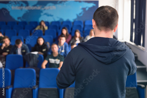 Businessman in the auditorium, Conference Hall, successful startup business, seminar and education young business people.