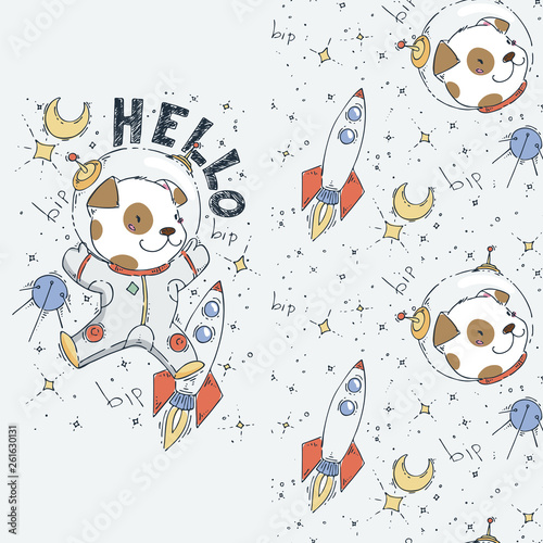 Set of seamless cute childish pattern and doodle cut image with hand drawn cute animals. Creative doodle kids texture for fabric, wrapping, textile, wallpaper, prints, apparel