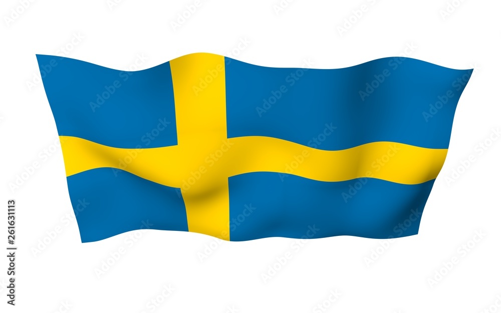 The flag of Sweden. Official state symbol of the Kingdom of Sweden. A blue field with a yellow Scandinavian cross that extends to the edges of the flag. 3d illustration