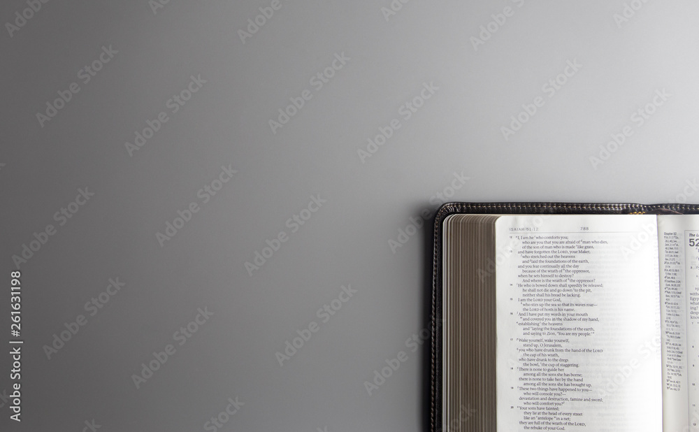 Single Bible Open on a Gray Background - obrazy, fototapety, plakaty 
