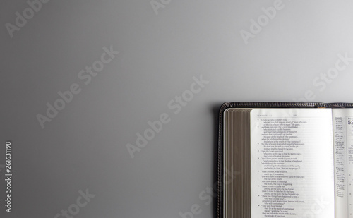 Single Bible Open on a Gray Background photo