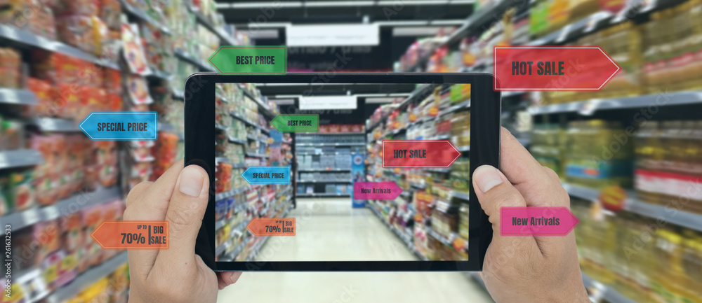 Naklejka premium internet of things marketing concepts,smart augmented reality,customer hold the mobile phone to see the product that search by ai application with hot deal,promotion code, in retail, store, market