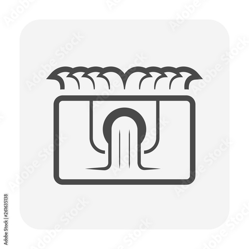 French drain or stormwater drainage system vector icon consist of soil, water flow, corrugated perforated pipe, infiltration basin install at underground. To drain water from land, lawn, yard, garden.
