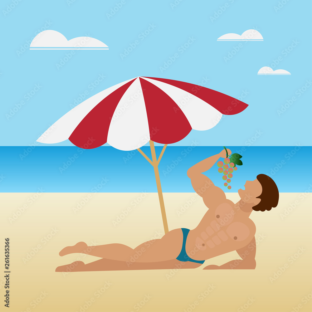 Young muscular man eating grapes lying on a sandy beach by the sea in summer. A large beach umbrella protects a gentleman from the sun. Flat design, vector illustration.