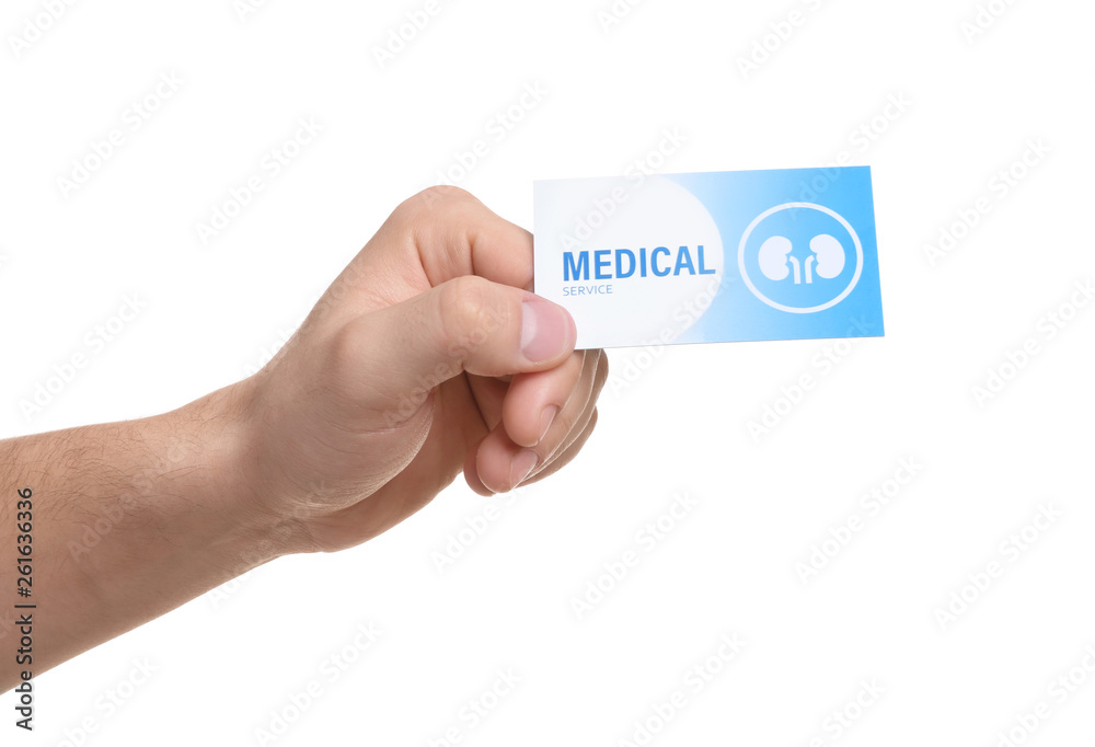 Man holding medical business card isolated on white, closeup. Nephrology service Man holding medical business card isolated on white, closeup. Nephrology service