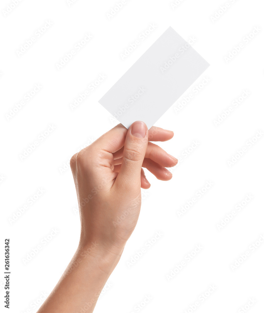 Woman holding empty business card isolated on white, closeup