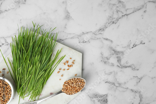 Flat lay composition with wheat grass and seeds on marble background, space for text