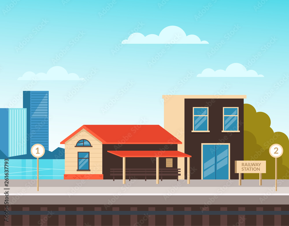Railway city country station. Urban town transportation concept. Vector flat cartoon graphic design illustration Railway city country station. Urban town transportation concept. Vector flat cartoon graphic design illustration
