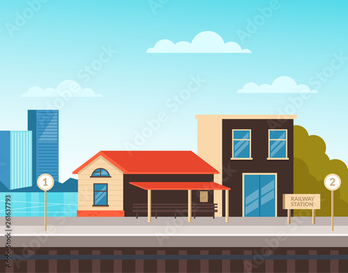 Railway city country station. Urban town transportation concept. Vector flat cartoon graphic design illustration
