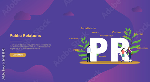 pr public relations concept with big text and people team for website template landing homepage - vector