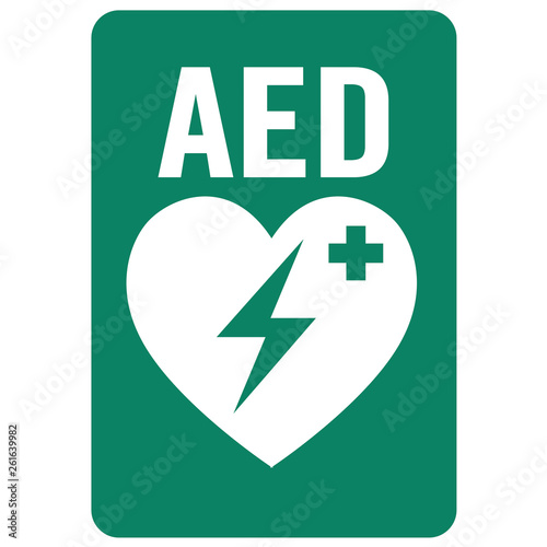 AED,automated external defibrillator / aed sign with heart and electricity symbol flat vector icon