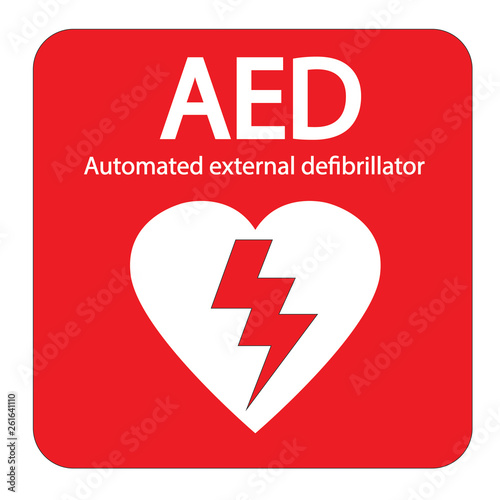 AED,automated external defibrillator / aed sign with heart and electricity symbol flat vector icon