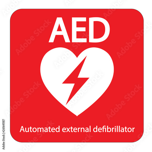 AED,automated external defibrillator / aed sign with heart and electricity symbol flat vector icon