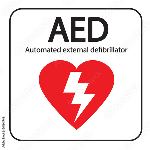 AED,automated external defibrillator / aed sign with heart and electricity symbol flat vector icon