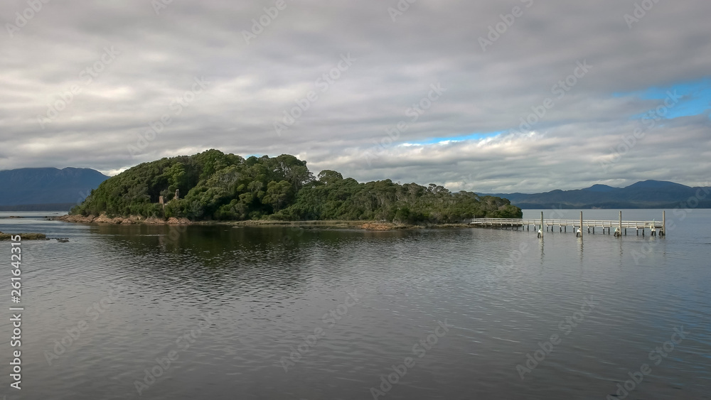 wide view of the infamous sarah island in macquarie harbour