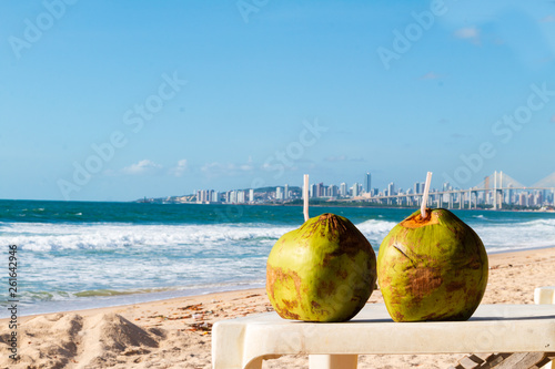 Coconuts fruit on the beach in Natal Brazil.