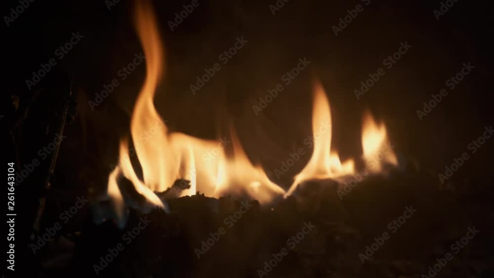 Calm fire flames slowly burning a piece of scrap, close up shot Calm fire flames slowly burning a piece of scrap, close up shot