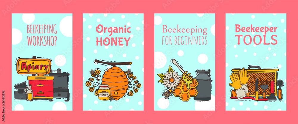 Beekeeping set of banners, apiary vector illustration. Beekeeping workshop and organic honey, beekeeping for beginners. Honeycomb, honey from beehive, jar with organic honey.