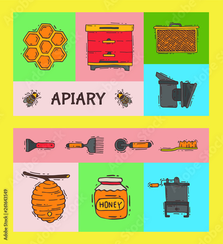 Beekeeping set of banners, apiary vector illustration. Beekeeping workshop, beekeeping tools and equipment. Honeycomb, honey from beehive, jar with organic honey.