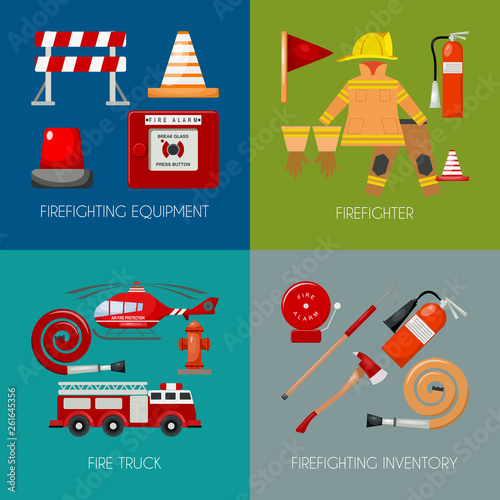 Fire safety banner vector illustration. Firefighter iniform and inventory. Helmet, gloves. Equipment as firehose hydrant alarm, bollard and extinguisher station.