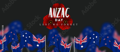 Εκτύπωση καμβά anzac day lest we forget, waving australia and new zealand flag with red poppies