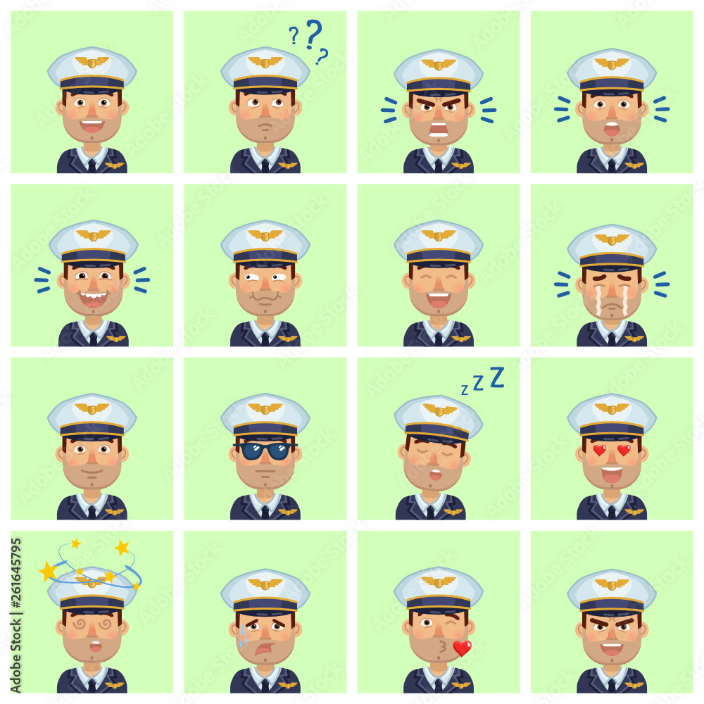 Set of airline pilot emoticons. Pilot avatars showing different facial expressions. Happy, sad, smile, laugh, surprised, serious, dizzy, sleepy and other emotions. Simple style vector illustration