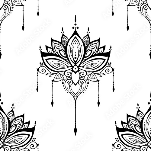 illustration mehendi Lotus flower henna ornamental ethnic zen tangle  motif tattoo seamless pattern vector black and white for printing 