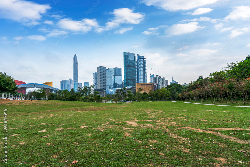 Obraz premium Park Grassland and Urban Architectural Skyline..