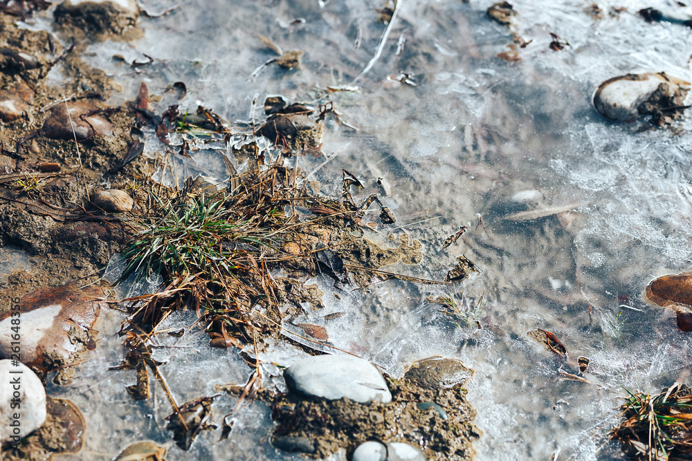 ice crystals pattern over frozen puddle on spring river ice crystals pattern over frozen puddle on spring river