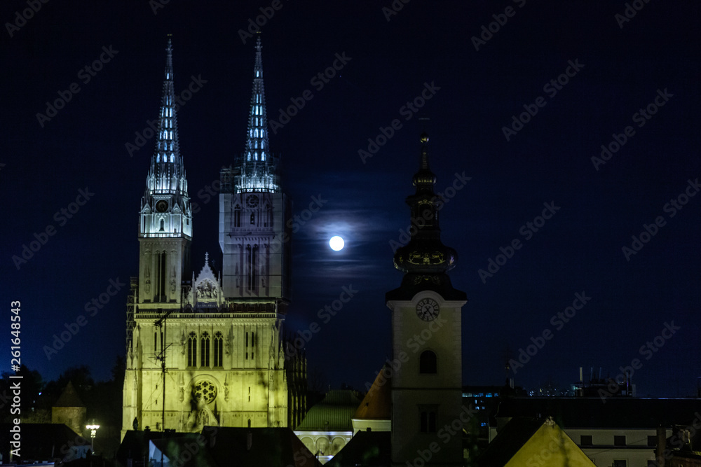 Zagreb, Croatia - March 2019: Festival of light in Zagreb old town the beautiful night view attracts many tourists to visit European medieval city