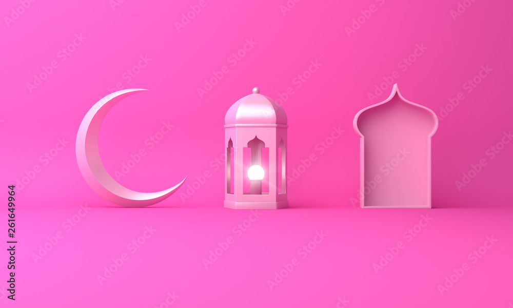 Arabic lantern, crescent moon, window on pink pastel background copy space text. Design creative concept for islamic celebration day ramadan kareem or eid al fitr adha. 3d rendering. Arabic lantern, crescent moon, window on pink pastel background copy space text. Design creative concept for islamic celebration day ramadan kareem or eid al fitr adha. 3d rendering.