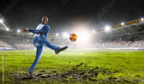 Black man plays his best soccer match. Mixed media © Sergey Nivens